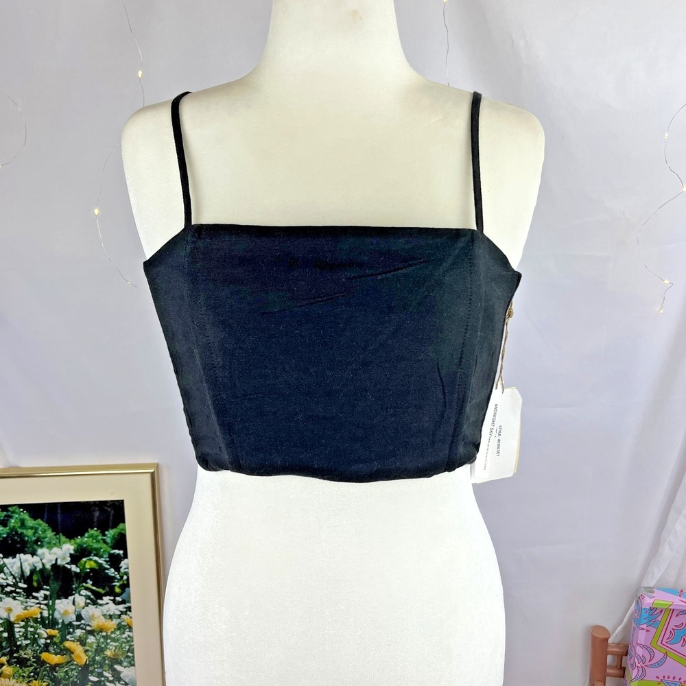 NWT Midnight Sky Linen Blend Black Smocked Corset Crop Top Bustier Large Boho